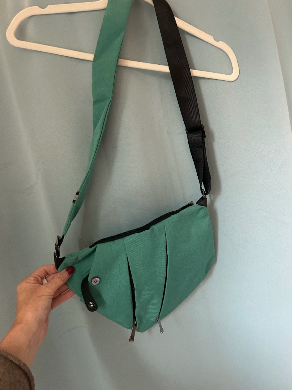 Vintage Teal Crossbody Bag | Geometric Zip Pocket Purse | Adjustable Strap